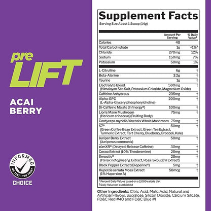 Rule 1 preLIFT Pre-Workout - 6g Citrulline, 3.2g Beta Alanine, 3 Caffeine Sources + 20 Others for Energy, Alertness, & Endurance (30 Servings, Acai Berry)
