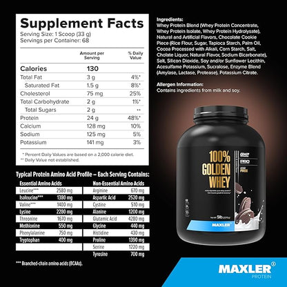 Maxler 100% Golden Whey Protein - 24g of Premium Whey Protein Powder per Serving - Pre, Post & Intra Workout - Fast-Absorbing Whey Hydrolysate, Isolate & Concentrate Blend - Cookies & Cream 5 lbs