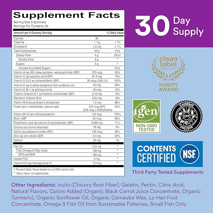SmartyPants Fiber Supplement & Multivitamin for Men & Women: Multivitamin Fiber Gummies with Vitamin D3, C, Vitamin B12, B6, Vitamin A, K & Zinc, Omega 3 Fish Oil (EPA/DHA), 180 Count (30 Day Supply)
