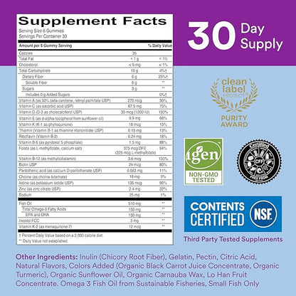 SmartyPants Fiber Supplement & Multivitamin for Men & Women: Multivitamin Fiber Gummies with Vitamin D3, C, Vitamin B12, B6, Vitamin A, K & Zinc, Omega 3 Fish Oil (EPA/DHA), 180 Count (30 Day Supply)