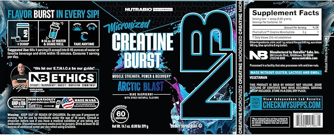 NutraBio Pure Creatine Monohydrate Powder Supplement, Arctic Blast, (300 g) - Supports Bulk Muscle Energy, Recovery, and Strength - HPLC Tested Pure Grade Creatine Powder Supplement for Men and Women