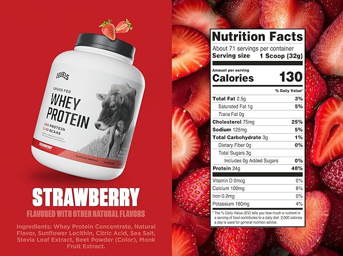 Levels Grass Fed Whey Protein Powder, No Artificials, 24G of Protein, Strawberry, 5LB