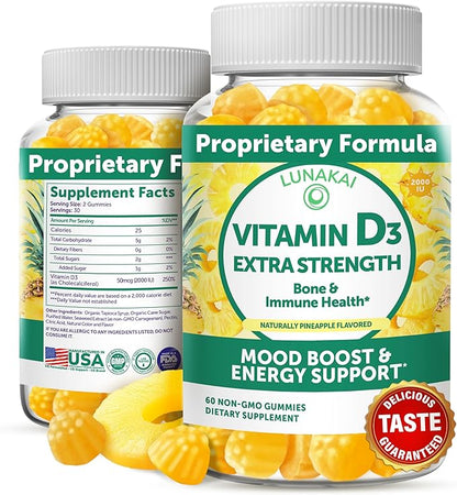 Lunakai USA Made Vitamin D3 Gummies 2000 IU - Non-GMO, Gluten-Free Vitamin D Gummies for Women & Men - Bone, Immune & Energy Support, 60ct