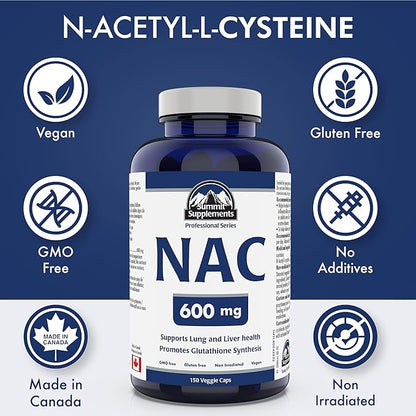 Summit Supplements - NAC Supplement 600mg, Nac n-Acetyl cysteine, Supports Antioxidant Glutathione Levels, Immune System Support, Liver Support - Product of Canada - 150 Capsules