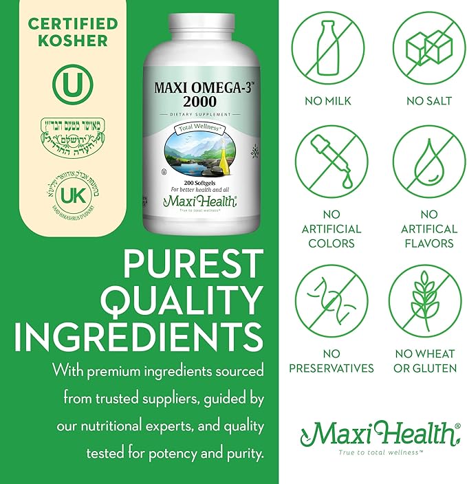 Omega 3 Supplement - Omega-3 Fish Oil 2000mg - Natural Source of EPA & DHA - Heart, Brain & Joint Health - Kosher Certified Wild Caught Marine Fish - 200 Vegetarian Softgels by Maxi Health