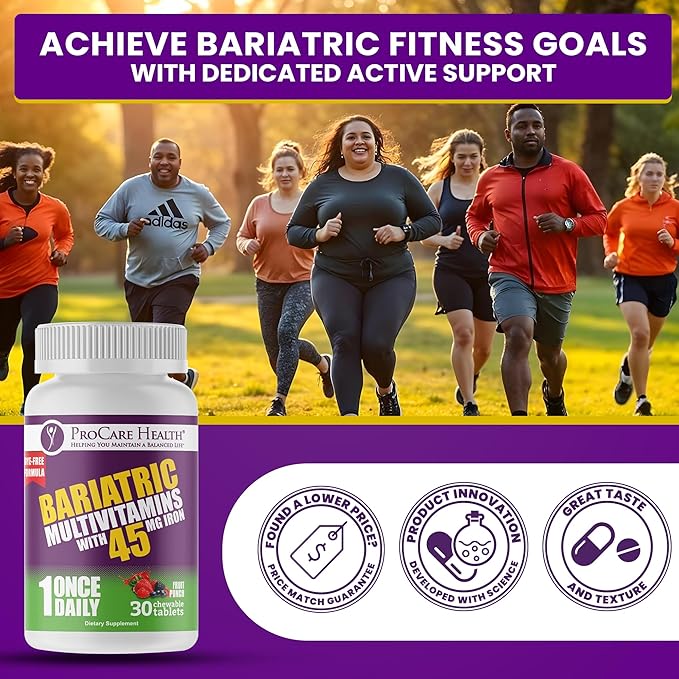 Procare Health Bariatric Multivitamin with Iron 45mg Chewable (30 Tablets) - Fruit Punch Flavor Bariatric Multivitamin Chewable Pills for Gastric Bypass & Sleeve Gastrectomy Patients (01 Month Supply)