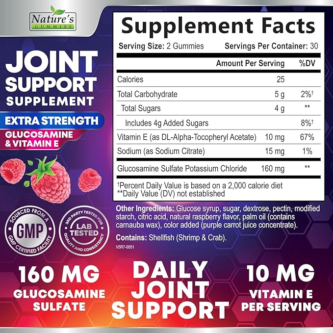 Joint Support Supplement - Extra Strength Glucosamine Joint Support Gummy - Joint Health Support & Flexibility for Back, Knees, & Hands - Vitamin E for Immune Support for Women & Men - 60 Gummies