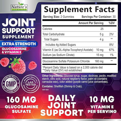Joint Support Supplement - Extra Strength Glucosamine Joint Support Gummy - Joint Health Support & Flexibility for Back, Knees, & Hands - Vitamin E for Immune Support for Women & Men - 60 Gummies