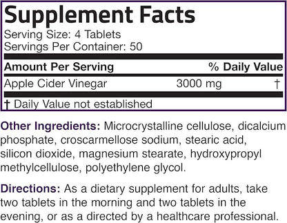 Bronson Apple Cider Vinegar 3000 MG per Serving Extra Strength - Non-GMO, 200 Vegetarian Tablets