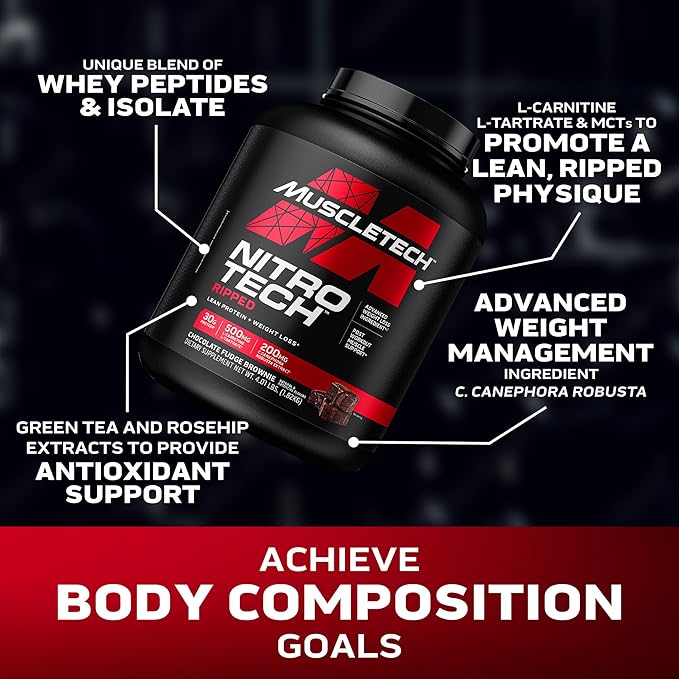 Muscletech Whey Protein Powder (Chocolate Fudge Brownie, 4LB) - Nitro-Tech Ripped Whey Protein Isolate & Peptides Smoothie Mix for Lean Muscle & Fast Recovery - 30g of Whey Protein for Women & Men