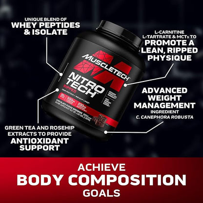 Muscletech Whey Protein Powder (Chocolate Fudge Brownie, 4LB) - Nitro-Tech Ripped Whey Protein Isolate & Peptides Smoothie Mix for Lean Muscle & Fast Recovery - 30g of Whey Protein for Women & Men