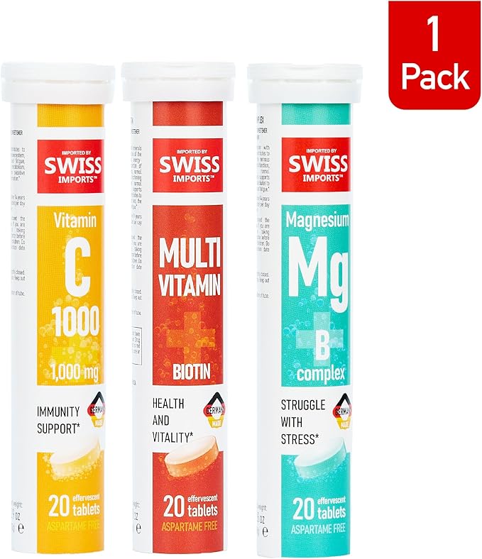 Effervescent Variety Pack with Vitamin C 1000mg, Magnesium + B Complex, Multivitamin + Biotin, 3-Pack, 60 Tablets