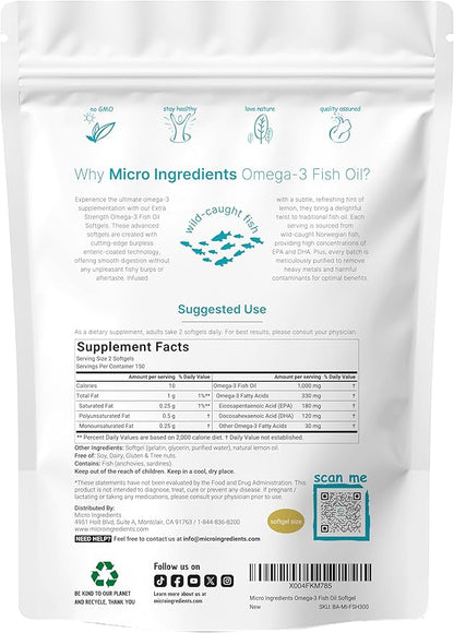 Extra Strength Omega 3 Fish Oil Supplements 1,000mg Per Serving, 300 Softgels | Lemon Flavored | Burpless | EPA 180mg + DHA 120mg | Deep Sea Fish
