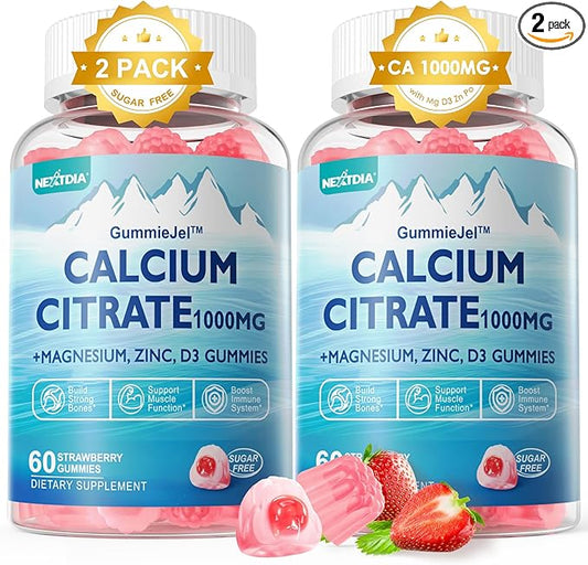 Sugar Free Calcium Citrate Gummies 1000mg with Vitamin D3, Ultimate Absorption Calcium Supplement for Women Men, Plus Magnesium, Potassium, Zinc, B6 for Bones, Muscle & Immune Health, 2Pack