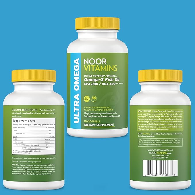Noor Vitamins Halal Fish Oil, Halal Vitamins, Fish Oil Halal, Ultra Omega 3 Wild Peruvian Fish Oil (800 mg EPA & 400 mg DHA) Heart, Brain & Joint Support, Non-GMO & Gluten Free (120 Count)