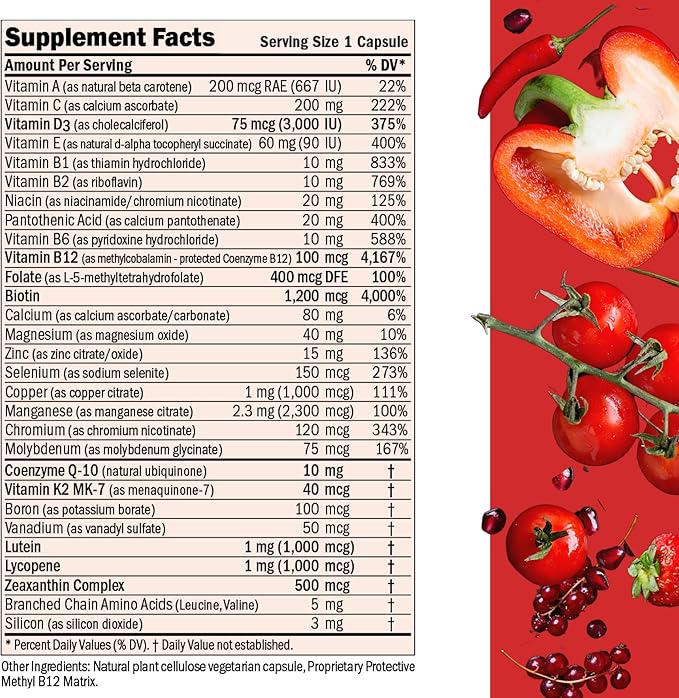 ANDREW LESSMAN Essential-1 Multivitamin 3000 IU Vitamin D3 60 Small Capsules – 100 mcg Methyl B12. CoQ10 Lutein Lycopene Zeaxanthin. High Potency. No Additives. Gentle Ultra-Mild. One Daily Capsule