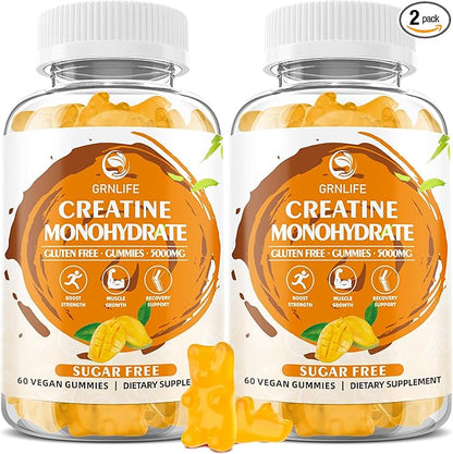 Creatine Monohydrate Gummies for Men & Women, Chewables Creatine Monohydrate for Muscle Strength, Muscle Builder, Energy Boost, Sugar Free, Vegan, Mango Flavor-120 Count