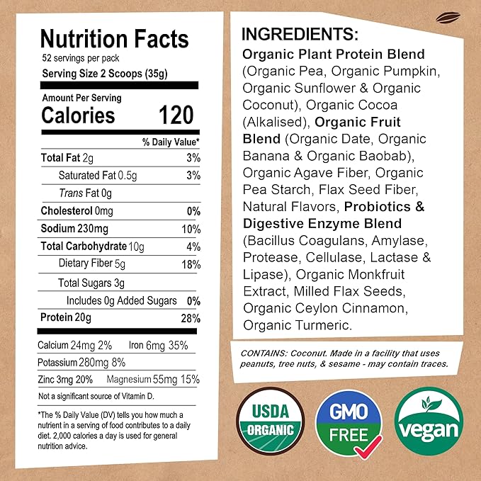 EarthChimp Organic Vegan Protein Powder - with Probiotics - Non GMO, Dairy Free, Non Whey, Plant Based Protein Powder for Women and Men, Gluten Free - 52 Servings, 64 Oz (Chocolate)