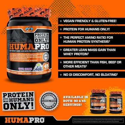 Humapro | Amino Acids Protein Matrix for Humans | 99% Utilization for Lean Muscle | Vegan, Gluten Free | 334g / 45 Servings (Sour Grape)