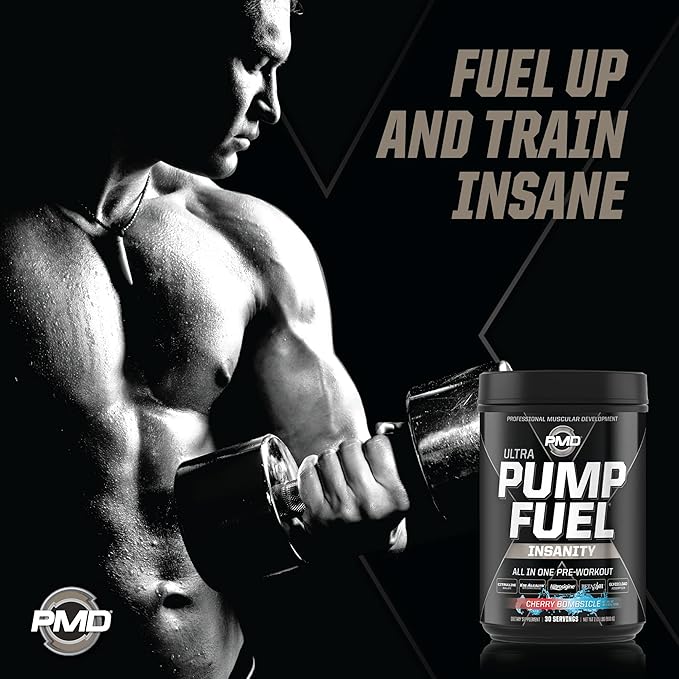 PMD Sports Ultra Pump Fuel Insanity - Pre Workout Drink Mix for Energy, Strength, Endurance, Recovery - Complex Carbohydrates and Amino Energy - Cherry Bombsicle (30 Servings)