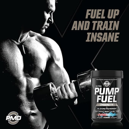 PMD Sports Ultra Pump Fuel Insanity - Pre Workout Drink Mix for Energy, Strength, Endurance, Recovery - Complex Carbohydrates and Amino Energy - Cherry Bombsicle (30 Servings)
