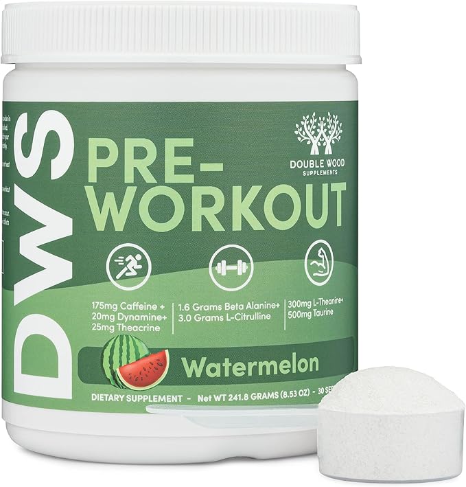 Pre Workout Powder for Men & Women (30 Servings of Caffeine, Beta Alanine, L-Citrulline, Dynamine, L-Theanine, Taurine, Theacrine, & More) Preworkout Powder with Scoop by Double Wood (Watermelon Lime)
