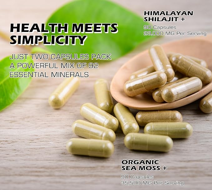 Shilajit 9000mg, Sea Moss 17500mg, Ginger & Black Seed Oil 4000mg, Ashwagandha 5000mg, Rhodiola Rosea, 1000mg Panax Ginseng 1500mg, All in 1 Supplement - Sea Moss & Shilajit Vitality Bundle
