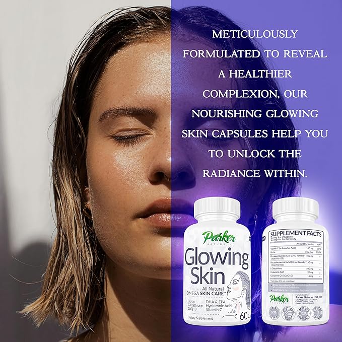Glowing Skin Supplement - Biotin, Glutathione, Hyaluronic Acid, DHA/EPA Omega 3 Fish Oil, CoQ10, Vitamin C, All Natural Skin Care Supplement, 60 Caps