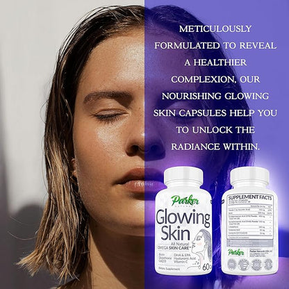 Glowing Skin Supplement - Biotin, Glutathione, Hyaluronic Acid, DHA/EPA Omega 3 Fish Oil, CoQ10, Vitamin C, All Natural Skin Care Supplement, 60 Caps