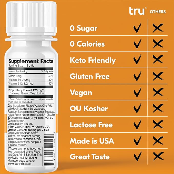 Tru Energy Shot, Orange Mango Flavored Extra Strength Energy Shots - Zero Sugar Energy Drink plus Vitamin B3, B6, B12, and Green Tea - Natural Caffeine, GF, Keto, Vegan Supplement, 2oz (Pack of 12)