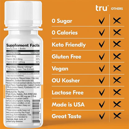 Tru Energy Shot, Orange Mango Flavored Extra Strength Energy Shots - Zero Sugar Energy Drink plus Vitamin B3, B6, B12, and Green Tea - Natural Caffeine, GF, Keto, Vegan Supplement, 2oz (Pack of 24)