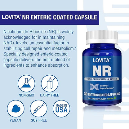 Lovita NR (Nicotinamide Riboside) 350 mg, NAD Supplement with Trans-Resveratrol and Betaine, Promote NAD Plus Levels, Healthy Aging, 30 Vegan Enteric-Coated Capsules (Pack of 3)