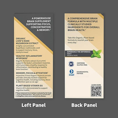 Garden of Life Brain Health Supplement with Organic Lion’s Mane & Turmeric, Non-GMO, Gluten-Free, Mint Flavor - For Memory, Focus & Healthy Brain Function