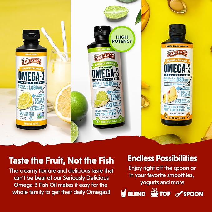Barlean's Omega 3 Fish Oil Liquid Supplement Pack of 3, EPA and DHA Fatty Acid, Smoothie Flavored for Brain, Joint, and Heart Health, Includes Key Lime Pie, Lemon Crème and Mango Peach Flavors, 8 oz