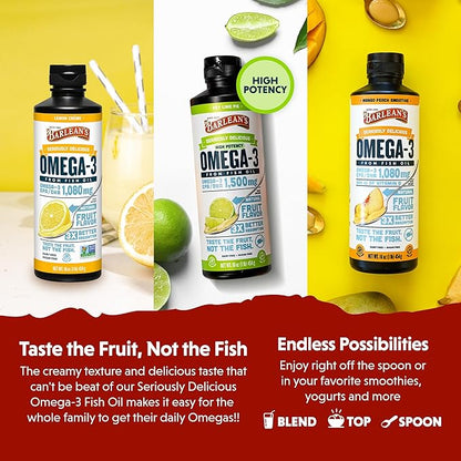 Barlean's Omega 3 Fish Oil Liquid Supplement Pack of 3, EPA and DHA Fatty Acid, Smoothie Flavored for Brain, Joint, and Heart Health, Includes Key Lime Pie, Lemon Crème and Mango Peach Flavors, 8 oz