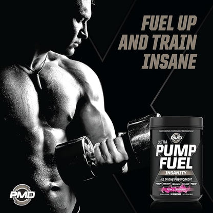 PMD Sports Ultra Pump Fuel Insanity - Pre Workout Drink Mix for Energy, Strength, Endurance, Recovery - Complex Carbohydrates and Amino Energy - Electric Pink Lemonade (30 Servings)
