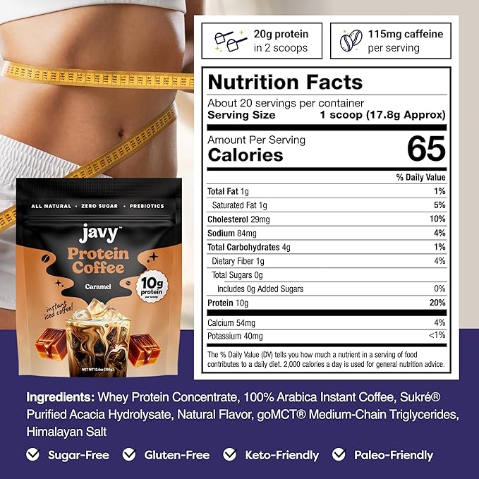 Javy Caramel Protein Coffee - Premium Whey Protein & Instant Iced Coffee - 100% Arabica Coffee - Zero Artificial Flavors & Sweeteners, 20 Servings