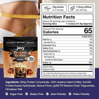Javy Caramel Protein Coffee - Premium Whey Protein & Instant Iced Coffee - 100% Arabica Coffee - Zero Artificial Flavors & Sweeteners, 20 Servings