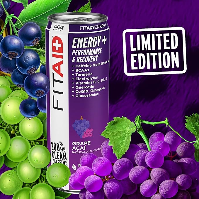 LIFEAID FITAID Energy Grape AÇAI, 200mg Natural Caffeine, Keto, Pre-Workout Performance: BCAAs, Quercetin, Electrolytes, Omega-3s, 15 Calories, Paleo, Vegan & Gluten-Free, 12-oz (Pack of 12)