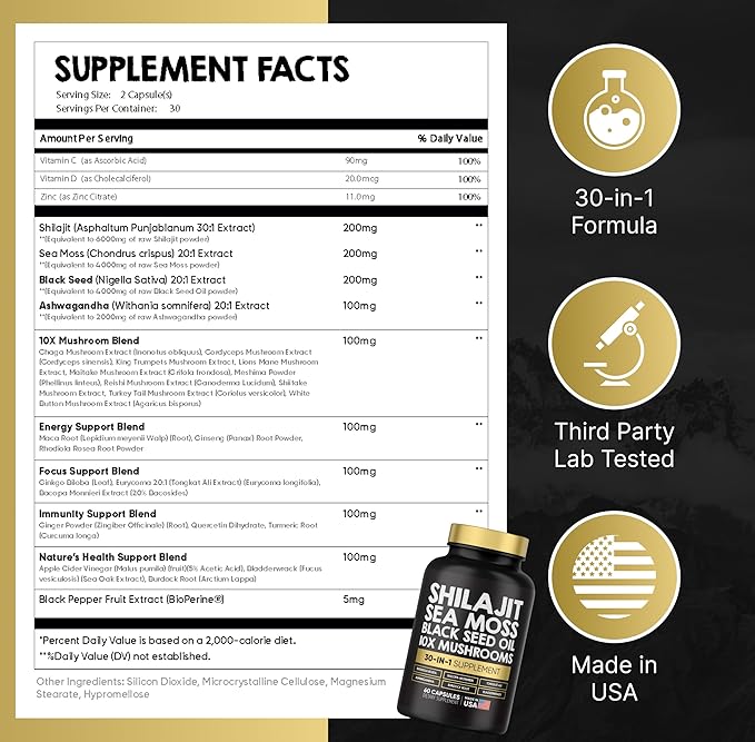 Power Blend Capsules - 30-in-1 Supplement Bundle with Shilajit 6000mg, Sea Moss 4000mg, Black Seed Oil 4000mg, Ashwagandha 2000mg, 10x Mushrooms, Tongkat Ali, Maca, Holistic Pills Combo