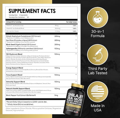 Power Blend Capsules - 30-in-1 Supplement Bundle with Shilajit 6000mg, Sea Moss 4000mg, Black Seed Oil 4000mg, Ashwagandha 2000mg, 10x Mushrooms, Tongkat Ali, Maca, Holistic Pills Combo