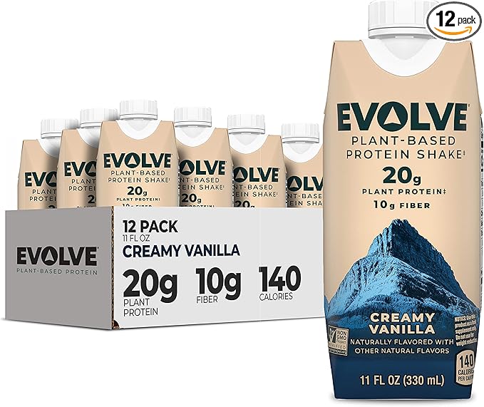 Evolve Plant Based Protein Shake, Vanilla Bean, 20g Vegan Protein, Dairy Free, No Artificial Sweeteners, Non-GMO, 10g Fiber, 11 Fl Oz (Pack of 12) (Formula May Vary)