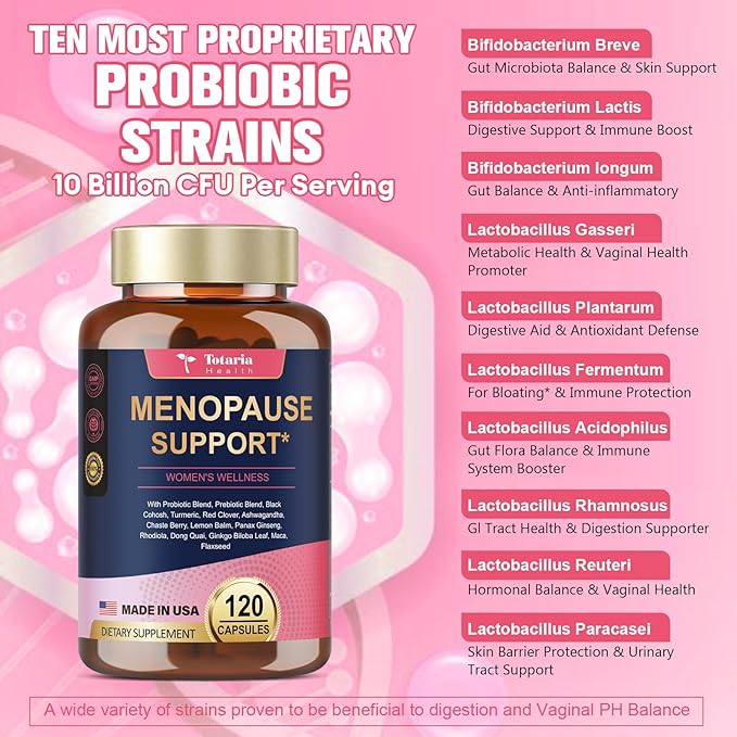 Menopause Supplements for Women, Multibenefit & Complete Black Cohosh for Hot Flashes, Night Sweats & Hormone Balance for Women, with Probiotics, DIM, Vitex, Dong Quai, Red Clover and More, 120 Caps