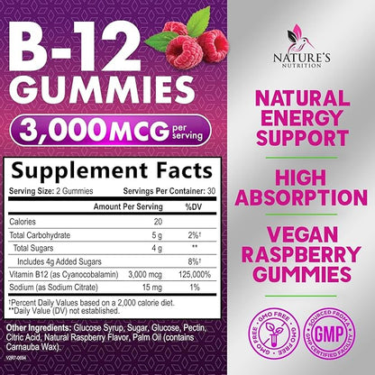 B12 Gummies, Extra Strength Energy 3000 mcg Vitamin B12, B-12 Energy Metabolism & Immune System Support, Chewable Supplement for Adults & Kids, Caffeine Free, Berry Flavored Gummy, Vegan - 60 Count