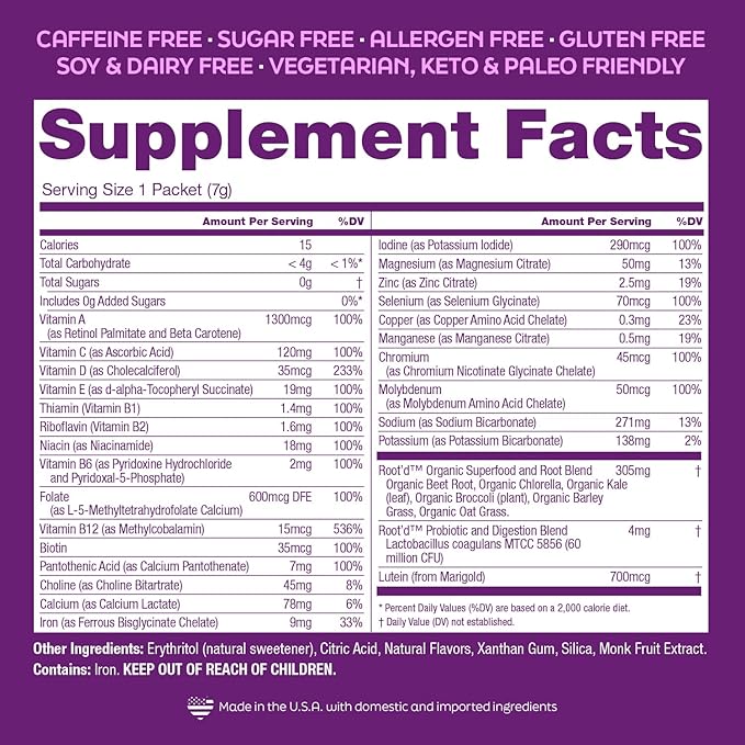 Root'd Prenatal Multivitamin Powder - 25 Vitamins & Minerals with 3x Electrolytes, Folate, Iron, D3 for Mom & Baby, 7 Superfood & Probiotics, Sugar-Free Vitamins & Hydration | 30 Vitamin Drink Packets