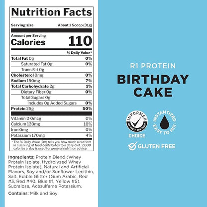 Rule One Proteins R1 Protein - 25g Fast-Acting, Super-Pure 100% Isolate and Hydrolysate Protein Powder with 6g BCAAs (2 Pounds*, Birthday Cake)