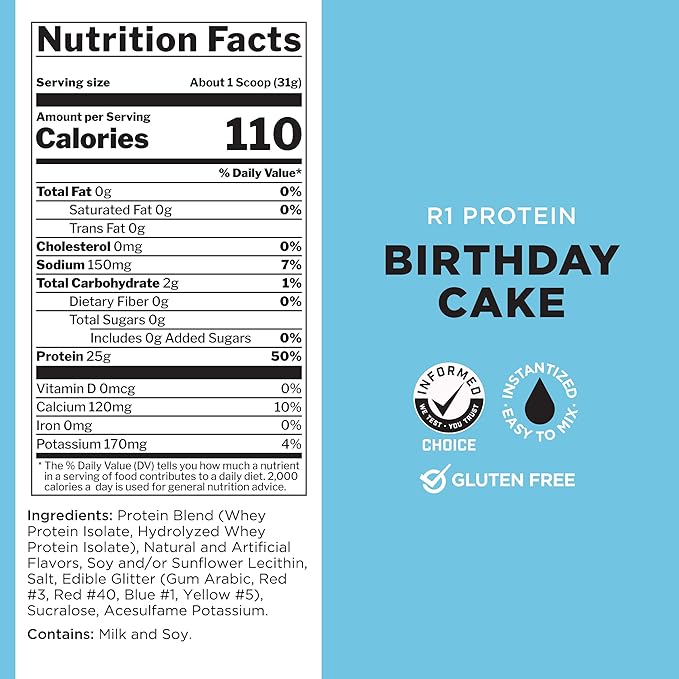 Rule One Proteins R1 Protein - 25g Fast-Acting, Super-Pure 100% Isolate and Hydrolysate Protein Powder with 6g BCAAs (5 Pounds*, Birthday Cake)