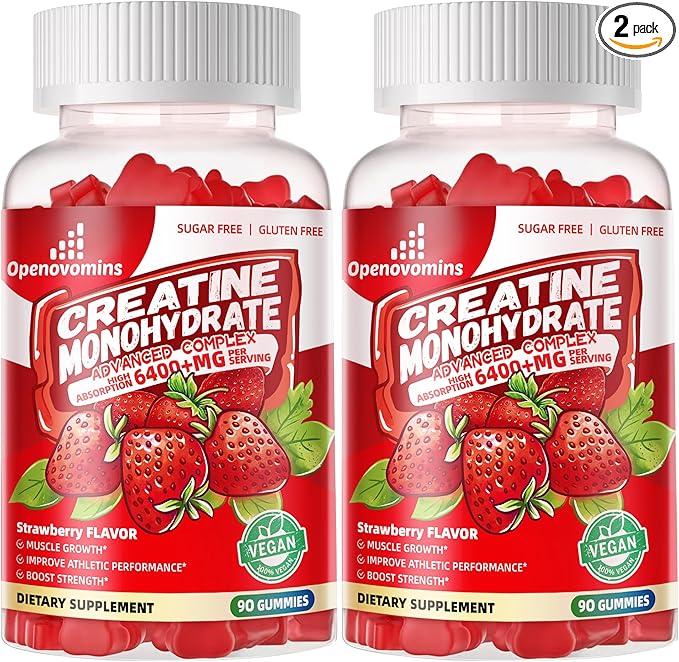 Creatine Monohydrate Gummies Complex 6400mg for Men & Women -Advanced Formula W/L-Taurine + Vitamin B12, Sugar Free Chewable Supplement,180 Strawberry Gummies 2pack