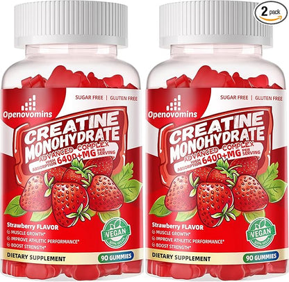 Creatine Monohydrate Gummies Complex 6400mg for Men & Women -Advanced Formula W/L-Taurine + Vitamin B12, Sugar Free Chewable Supplement,180 Strawberry Gummies 2pack