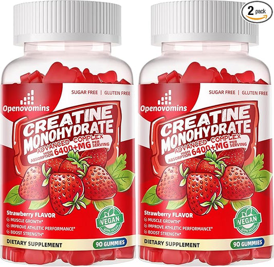 Creatine Monohydrate Gummies Complex 6400mg for Men & Women -Advanced Formula W/L-Taurine + Vitamin B12, Sugar Free Chewable Supplement,180 Strawberry Gummies 2pack